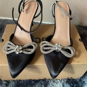 Elegant Black Satin Heels with Rhinestone Bow